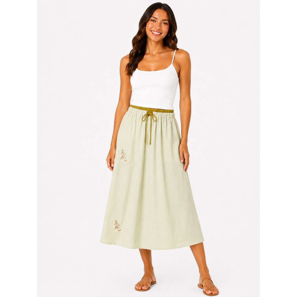 Vintage Boutique Cotton Embroidered Midi Skirt Cream Elastic Waist Medium